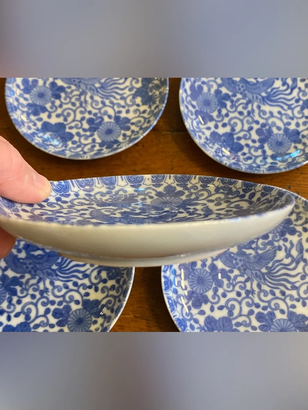 5 VTG Phoenix Bird Chrysanthemum Blue White Japanese Porcelain Plates Saucers